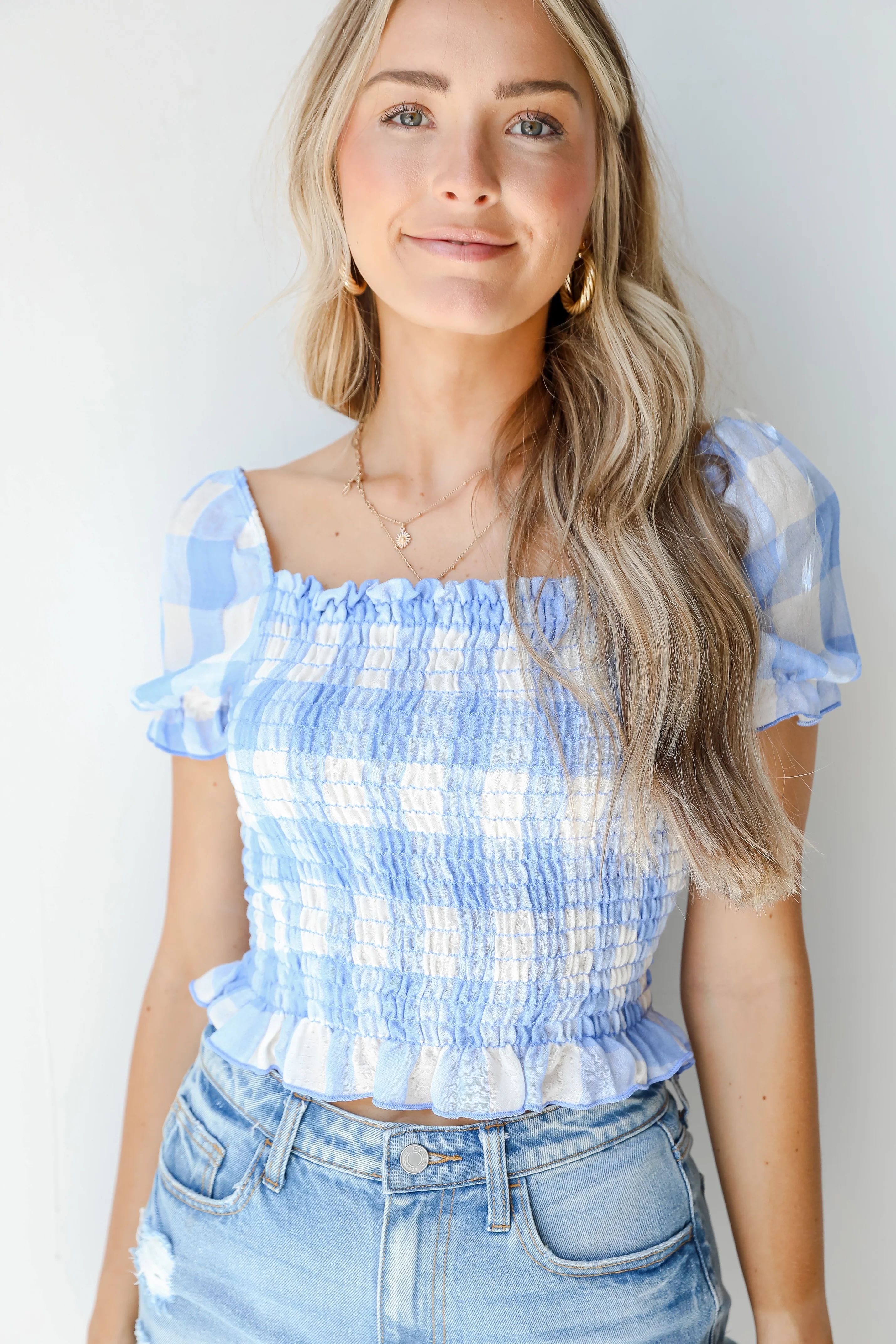 Blue Skies Smocked Gingham Top | Dress Up