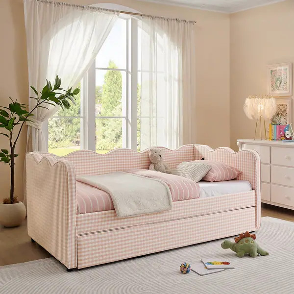 Gingham Daybed Twin Size Trundle Bed with USB and Wave Shape Headboard - Pink - Twin | Bed Bath & Beyond