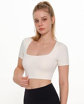 Women's Workout Crop Tops Yoga Tight T-Shirts Square Neck with Pad Bra Compression Tee Cream feel... | Amazon (US)