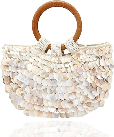 Miuco Shell Purse For Women Handmade Seashell Beaded Clutch Beach Wooden Top Handle Bag | Amazon (US)
