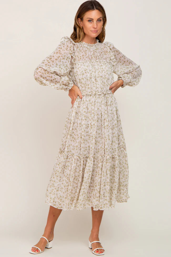 Ivory Floral Chiffon Ruffle Tiered Midi Dress | PinkBlush Maternity
