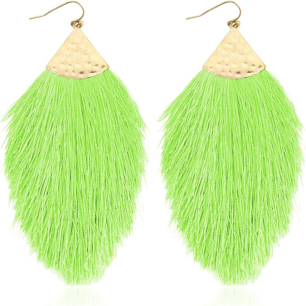 Bohemian Silky Thread Fan Fringe Tassel Statement Earrings - Lightweight Strand Feather Shape Dan... | Amazon (US)