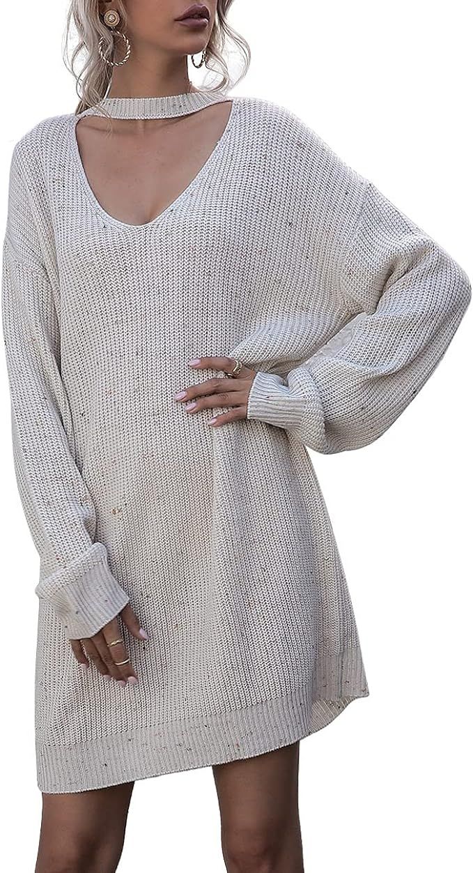 Wellwits Women's Choker Halter V Neck Mini Shift Sweater Dress | Amazon (US)