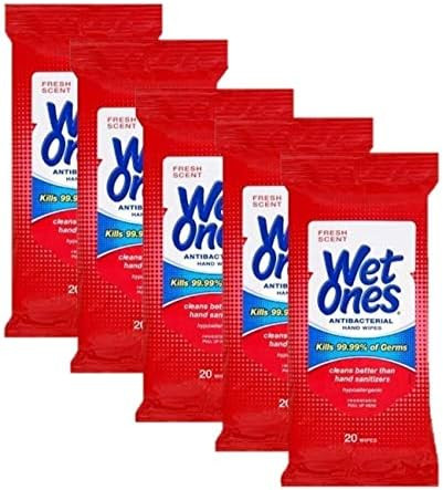 Wet Ones Wipes for Hands & Face, 20 Count Travel Pack (Pack of 5) 100 Wipes Total (Anti Bacterial... | Amazon (US)