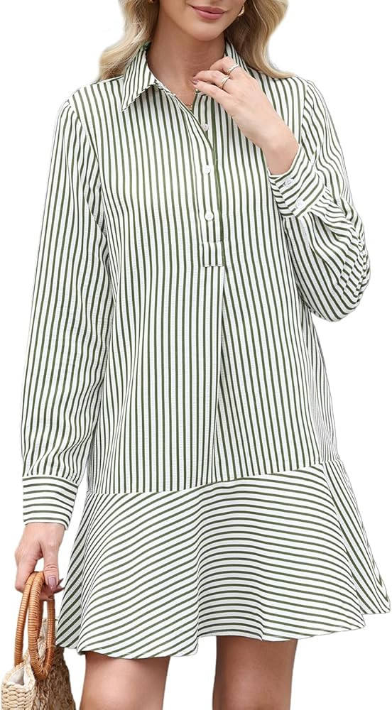 Womens Striped Shirt Mini Dress Long Sleeve Collared Ruffle Hem Button Up Tunic Flowy Swing Dress... | Amazon (US)
