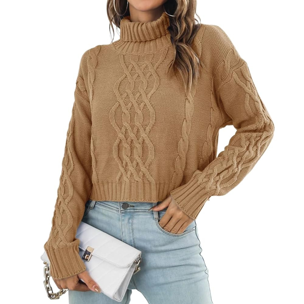 Mywinway Womens Turtleneck Cropped Sweater Fall Winter Crop Long Sleeve Chunky Cable Knit Sweater... | Amazon (US)