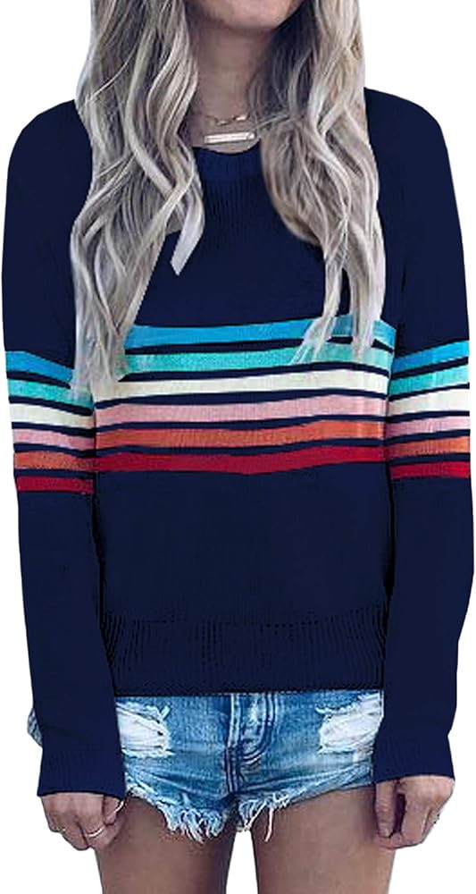 ECOWISH Women's Sweater Rainbow Colorful Striped Sweaters Long Sleeve Crew Neck Color Block Casua... | Amazon (US)