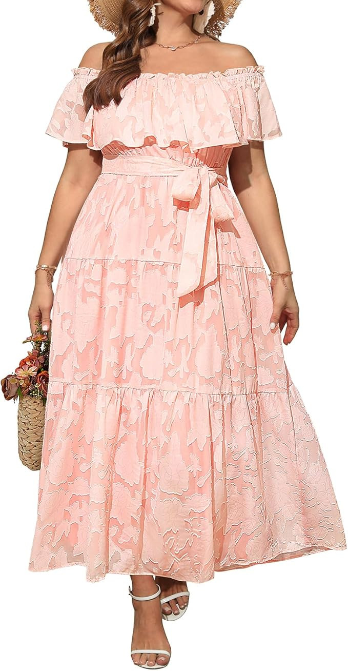 Plus Size Chiffon Off The Shoulder Maxi Long Floral Summer Casual Beach Boho Sundress Women 2024 | Amazon (US)