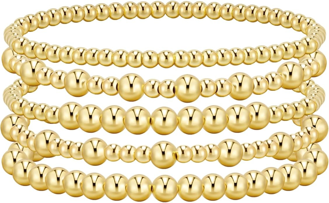 adoyi Gold Bracelets for Women Beaded Bracelet 14K Gold Plated Bracelet Stack Strand Stretch Bead... | Amazon (US)