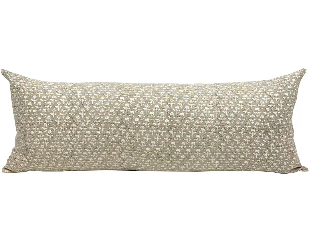 IVY | Long Lumbar Designer Beige Floral Linen Pillow Cover, Neutral Block Print Pillow, Beige Bed... | Etsy (CAD)