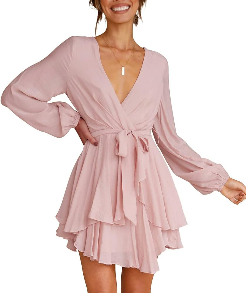 Flybony Womens Long Sleeve V Neck Dress Tie Waist Ruffle Mini Swing Skater Dresses | Amazon (US)
