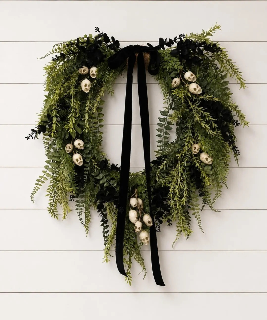 Halloween wreath, Gothic Skull Wreath, Halloween Greenery Wreath with Black Velvet Bow, Spooky Door Wreath, Dark Cottagecore Halloween Decor | Etsy (Global)