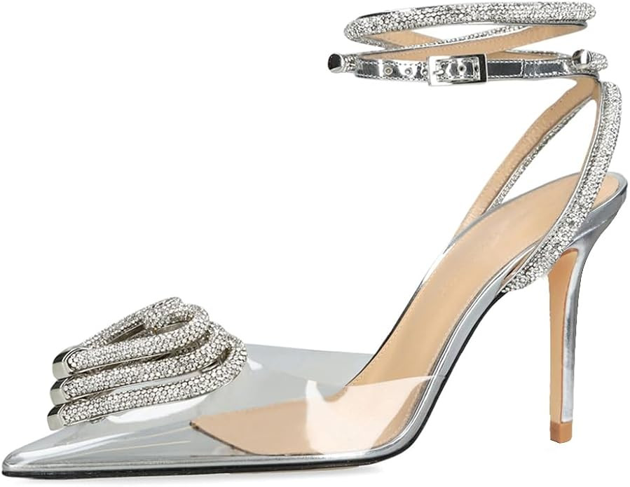 Ancomafio Rhinestone Heels For Women Stiletto Heel Three Heart Clear Heels Strappy Sandals Pointe... | Amazon (US)