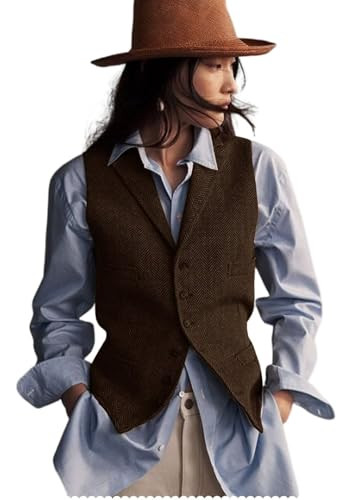 Womens Herringbone Tweed Waistcoat Lapel Sleeveless Blazers V Neck Work Office Suit Vests | Amazon (US)