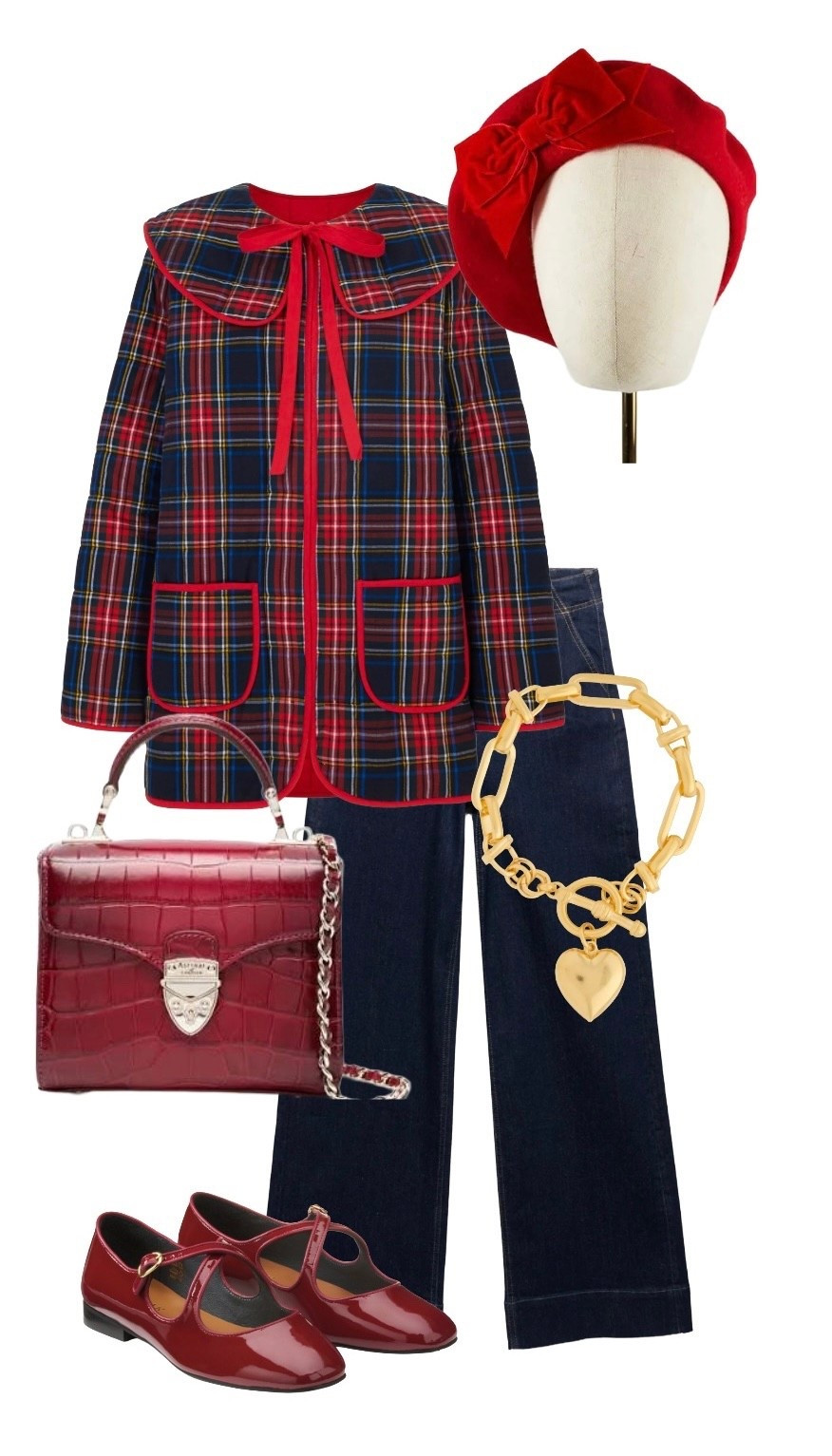 The cutest weekend outfit partnering the AW25 Tartan Quilted Jacket by Pink City Prints, Wide Leg Jeans by Mint Velvet, an Ombré Cherry Red Top Handle Mayfair Bag by Aspinal of London, a Red Velvet Bow Beret by Imogen’s Imagination from Etsy UK.

#LTKeurope #LTKfestive #LTKwinter