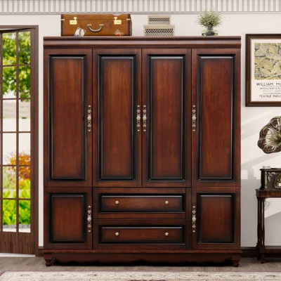 100% Solid Wood Armoire Wardrobe Closet with Cherry Finish – 61" W x 19" D x 71" H, Freestanding Bedroom Storage with Shelves, Hanging Rods & 2 Drawer | Wayfair North America