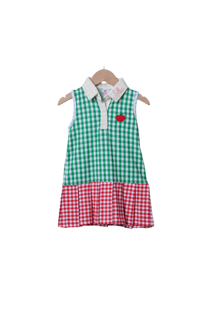 Embroidered Apple Color Block Gingham Tennis Dress | The Smocked Flamingo