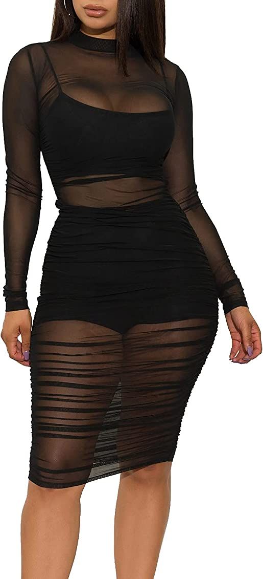 LYANER Women's Mesh Dress Long Sleeve Bodycon 3 Piece Outfits with Cami Shorts | Amazon (US)