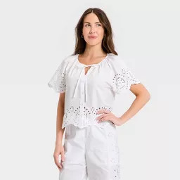 Women's Short Sleeve V-Neck Button-Front Eyelet Blouse - A New Day™ White M | Target