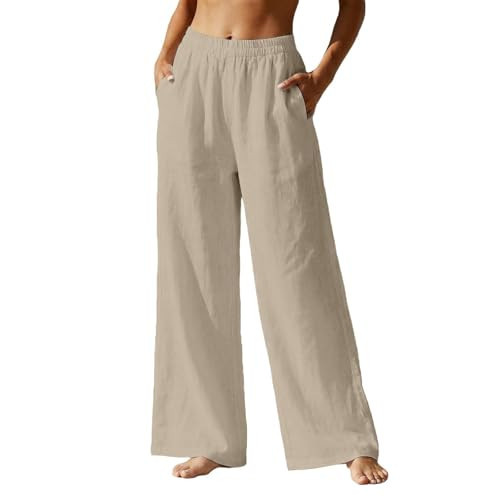 Linen Pants for Women, 2026 Summer Casual Loose Lightweight Gauze Slacks Comfy Elastic High Waist Drawstring Wide Leg Lounge Palazzo Pant Trousers with Pockets Beach Vacation Outfits(A-Beige,X-Large) | Amazon (US)