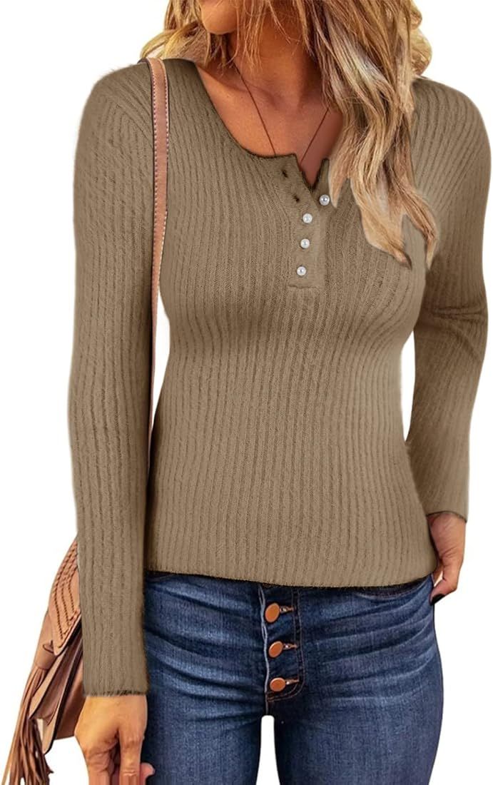 Jeanewpole1 Womens Fuzzy V Neck Knit Sweater Slim Fit Long Sleeve Solid Pullover | Amazon (US)