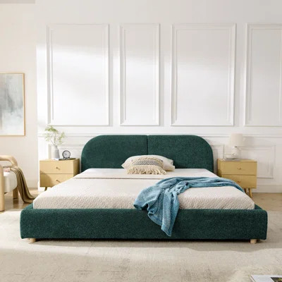 Queen Size Upholstered Bed with Tall Curved Headboard, Circle Yarn Fabric & Sturdy Legs, Modern Minimalist - Pink | Wayfair North America