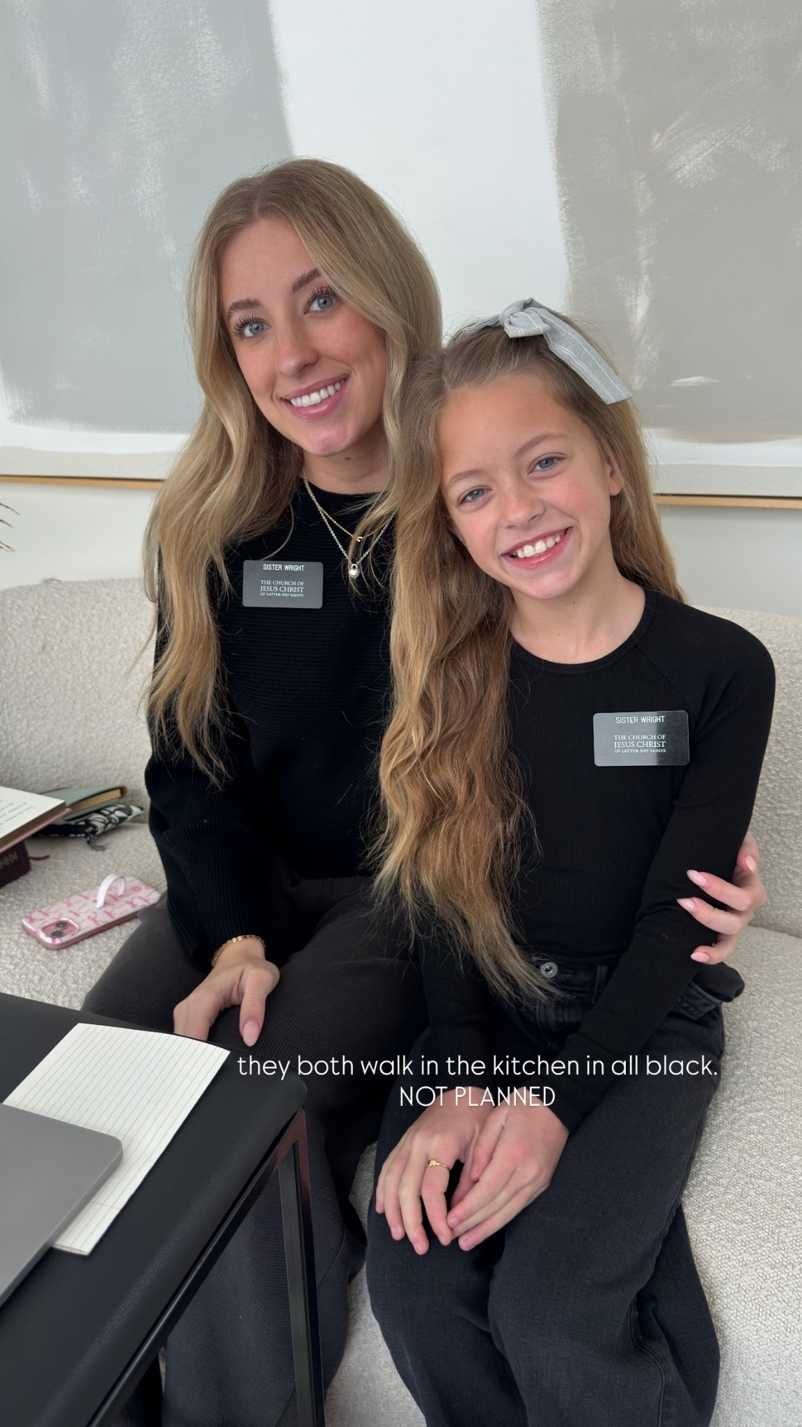 they both walk in the kitchen in all black. NOT PLANNED