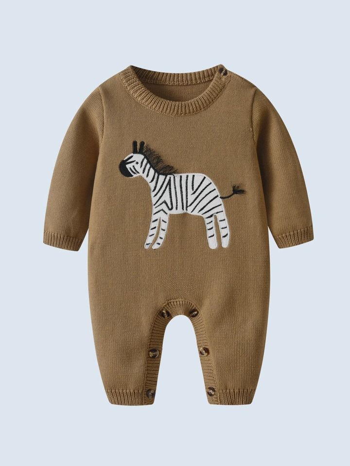 Baby Romper Sweater Jumpsuit With Cute Horse Pattern Long Sleeve, Warm & Fashionable For Daily We... | SHEIN