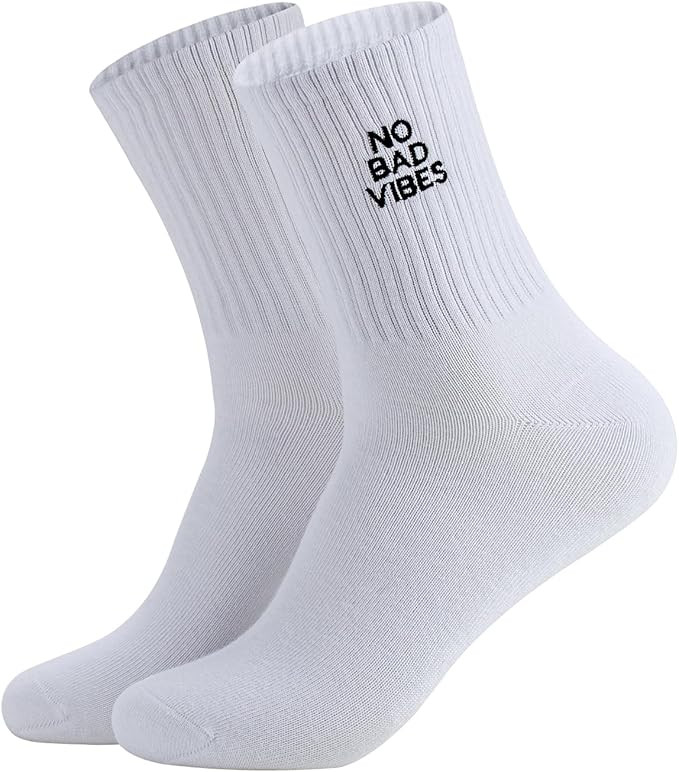 Embroidered Socks - No Bad Vibes Unisex Cotton Sock - Positive Quotes Socks - Street Style Crew C... | Amazon (US)