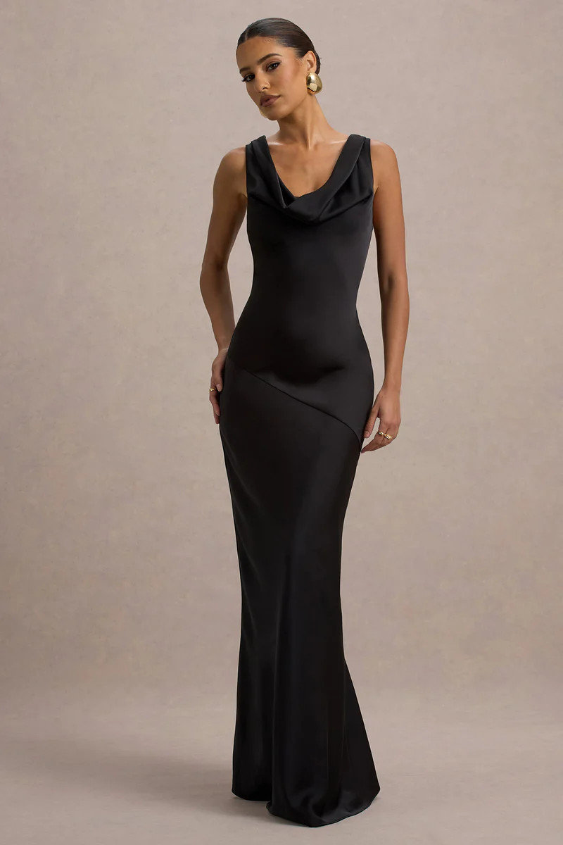 Alesso  Black Satin Cowl-Neck Maxi Dress | Club L London
