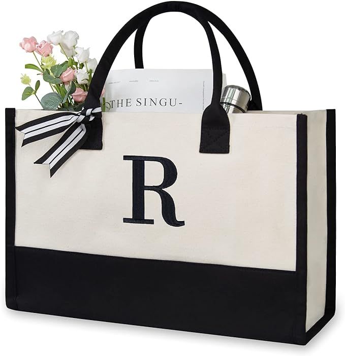 TOPDesign Personalized Initial Canvas Beach Bag, Monogrammed Gift Tote Bag for Women | Amazon (US)