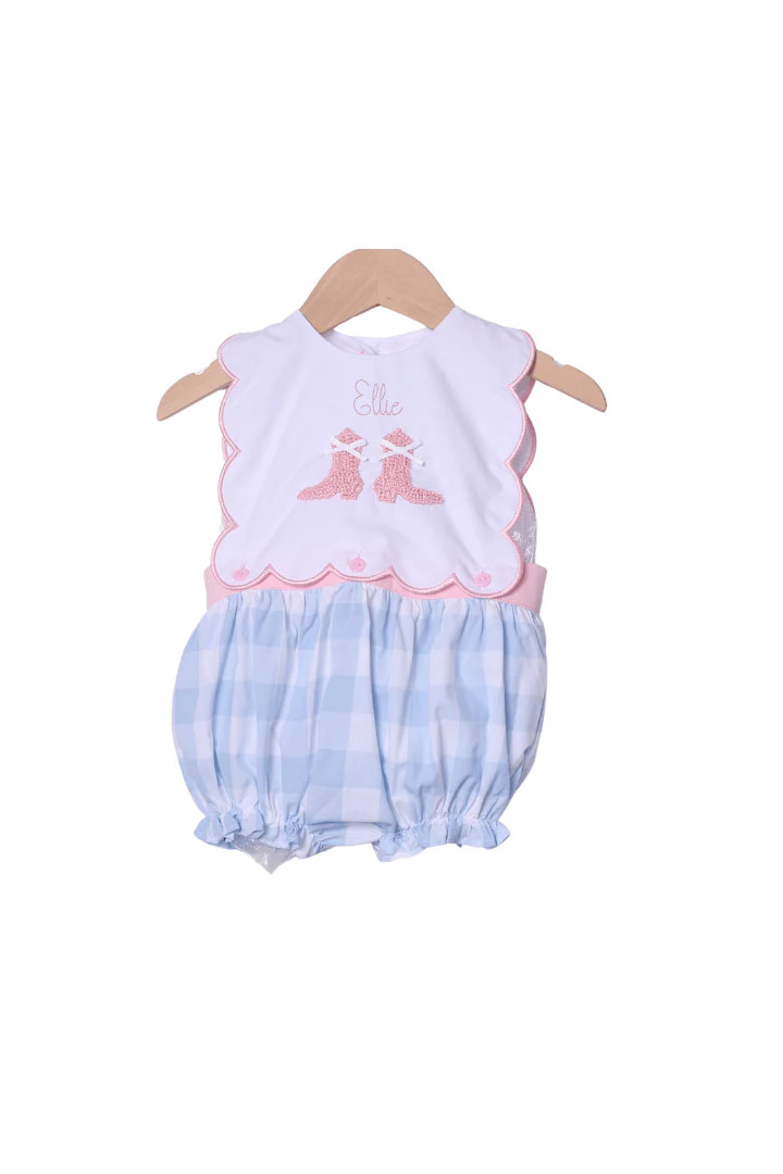 French Knot Boots and Bow Blue Gingham Bubble | The Smocked Flamingo