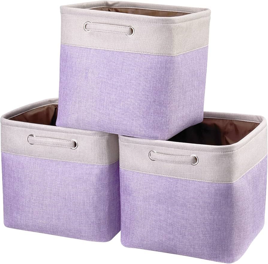 Fabric Cube Storage Bins Foldable Storage Boxes Light Purple and Silver Khaki Patchwork Storage B... | Amazon (US)