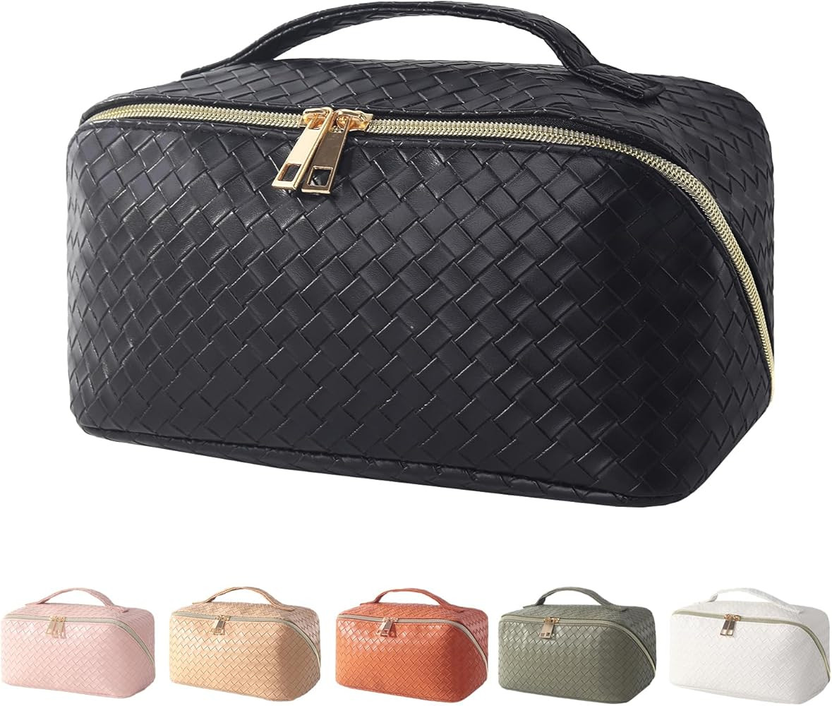 VATENANI Travel Makeup Bag, Large Makeup Organizer Bag,Woven PU Women's Cosmetic Bag ，Designer ... | Amazon (US)