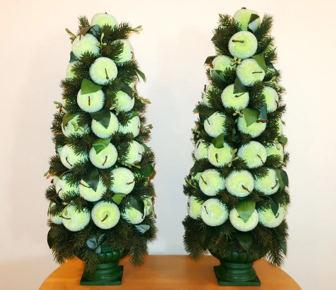 23in SUGARED GREEN APPLE Topiary Pair Set in Urns Centerpiece Faux Fruit Cone Pine Spray Boughs V... | Etsy (US)