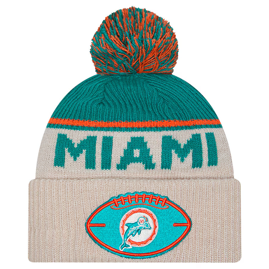 Miami Dolphins New Era NFL Sideline Historic Cuffed Knit Hat with Pom
 - Stone | Fanatics