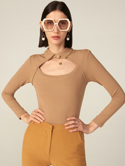 MOTF PREMIUM RAYON CUTOUT COLLAR RIBBED TOP | SHEIN