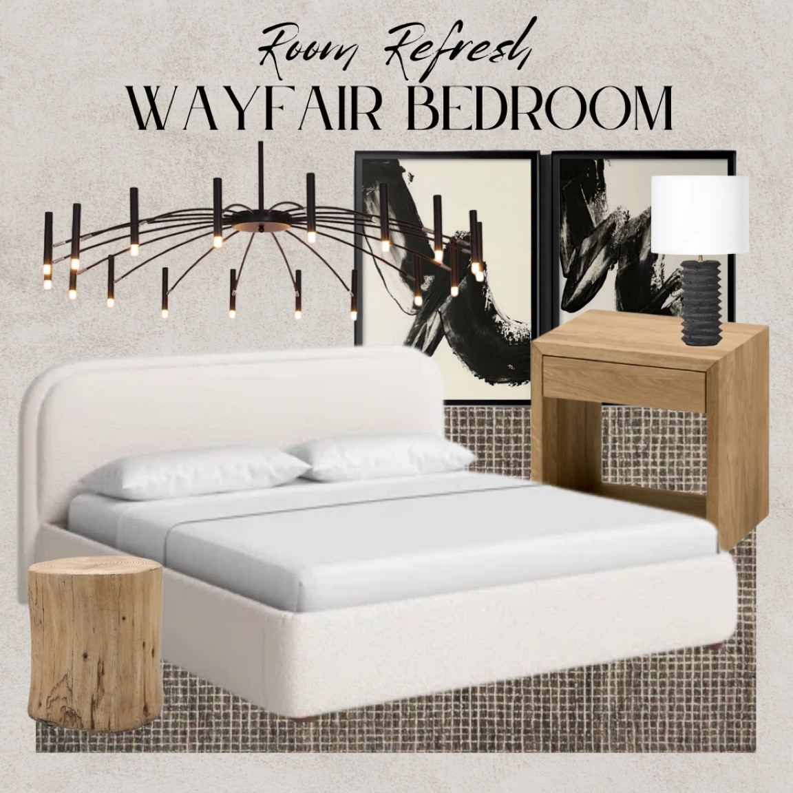 Room refresh bedroom from Wayfair. Black table lamp white upholstered bed frame low profile bed frame cloud bed dupe wood nightstand oak table modern art Black chandelier checkered area rug #ltk #wayfair #wayfairfind 

#LTKFind #LTKhome #LTKSeasonal
