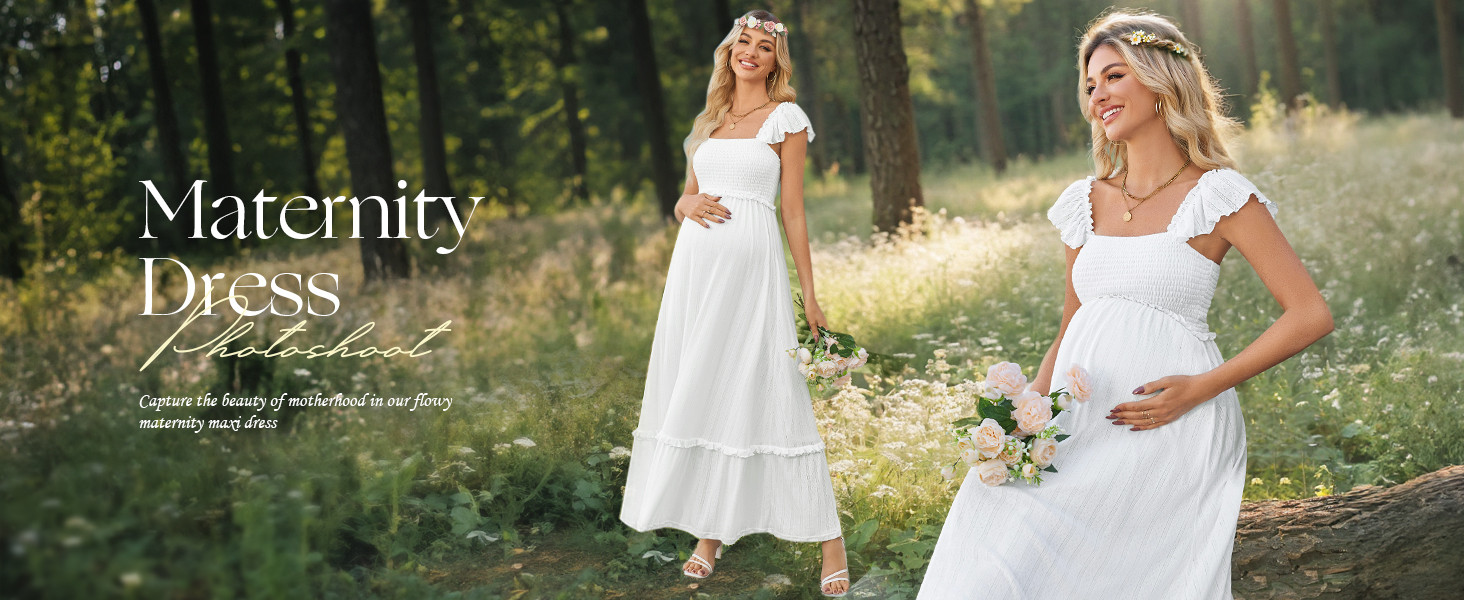 OUGES Womens 2026 Summer Maternity Photoshoot Dress Boho Maxi Smocked Baby Shower Dress Ruffle Sl... | Amazon (US)
