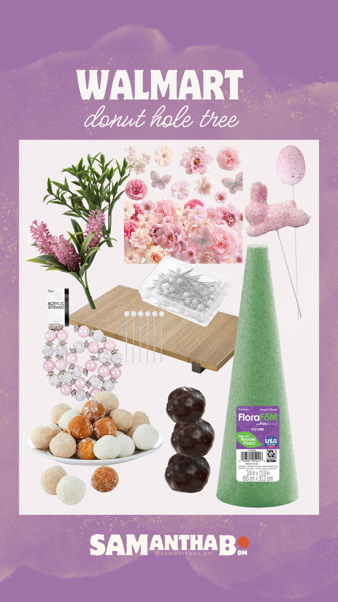 Easter donut hole tree all from Walmart! Love the pink bunny and egg pick to put at the top. Using toothpicks, I'll add all the donut holes then fill in any blank spaces with the fake greenery, flowers, and beads using the pearl pins. 

 #LTKfoodie #LTKSeasonal