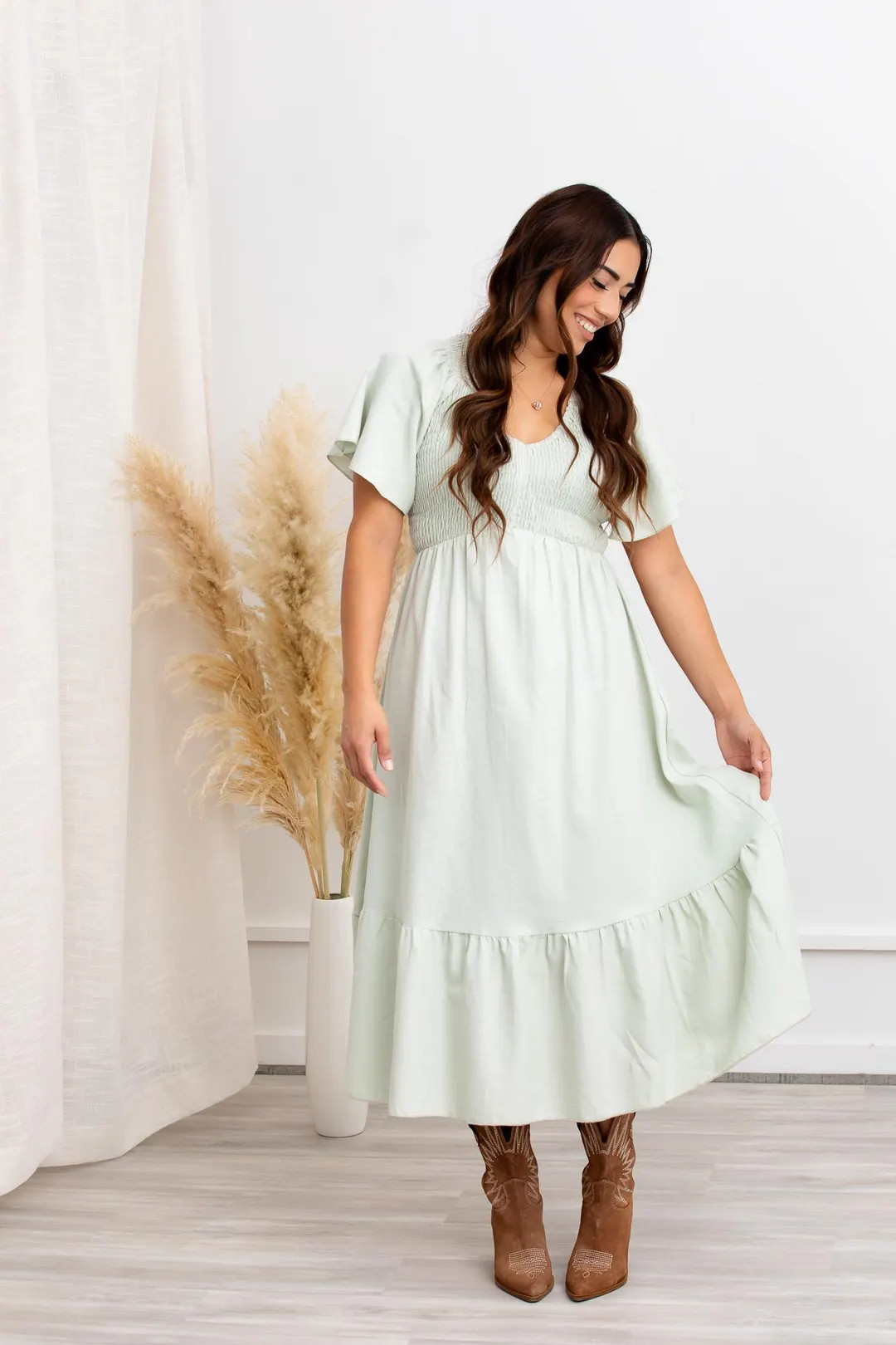 Sage Green Cotton Smocked Flutter Sleeve Midi Dress, Nursing Maternity Gown - Etsy | Etsy (Global)