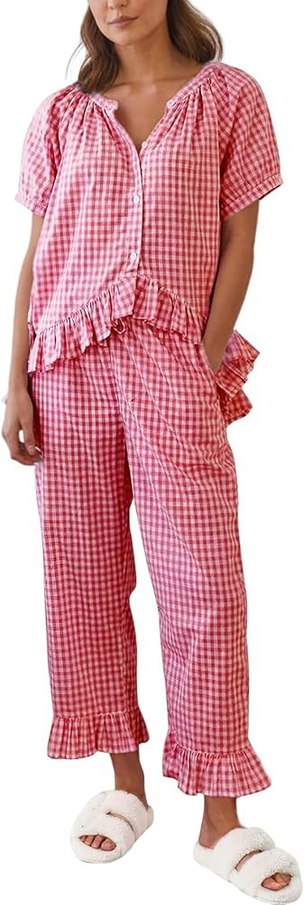 Gihuo Gingham Pajama Set for Women 2 Piece Plaid Cotton Button Down Top and Pants Ruffle Babydoll... | Amazon (US)