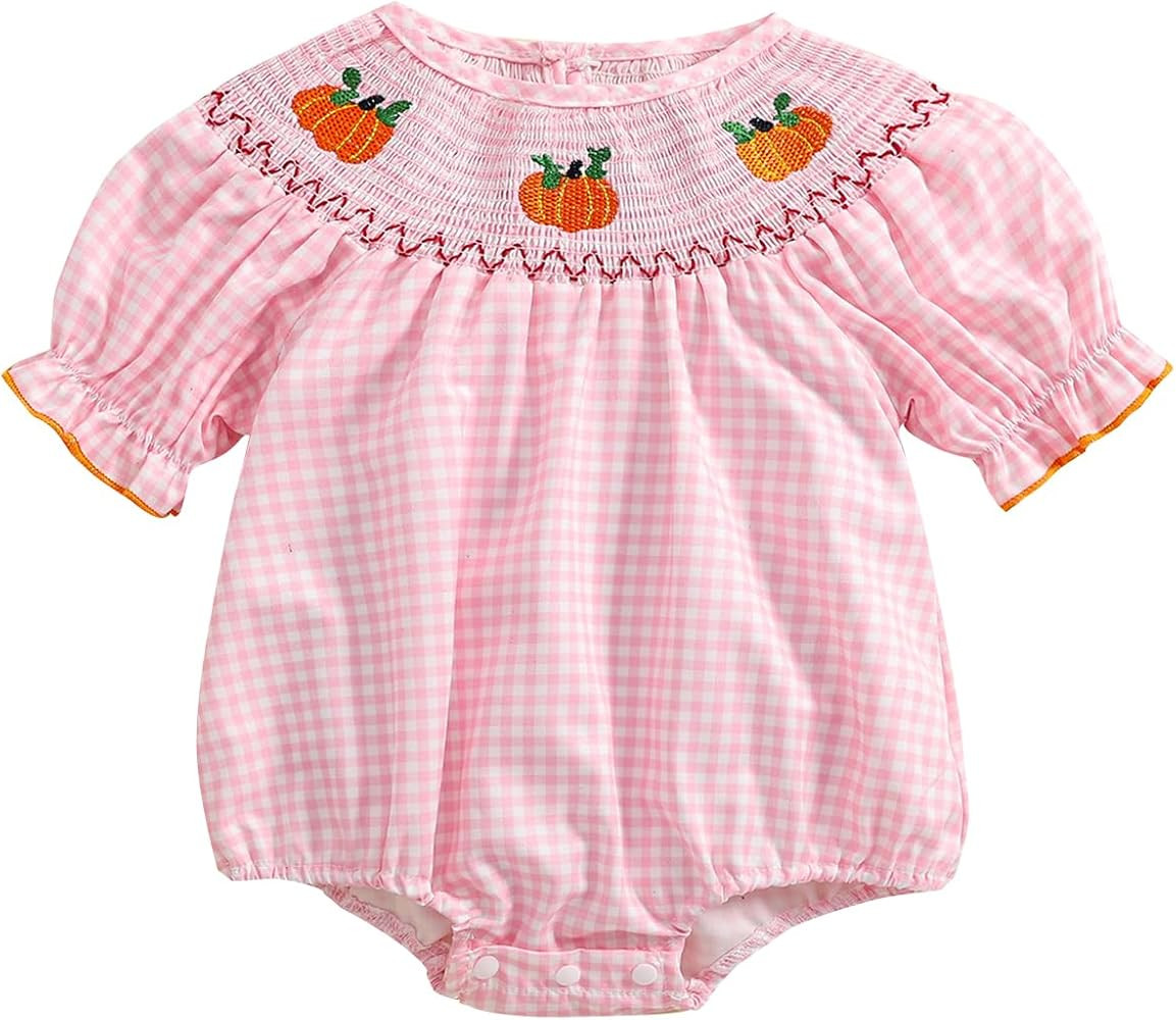 Ayalinggo Newborn Baby Girl Smocked Pumpkin Outfit Infant Plaid Bubble Romper Embroidery Hallowee... | Amazon (US)