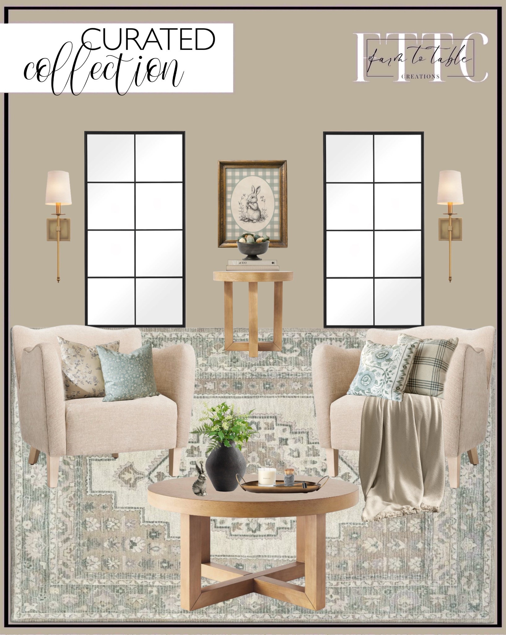 Curated Collection.  Follow @farmtotablecreations on Instagram for more inspiration.

Wool Tufted Geometric Persian Area Rug - Threshold. Wing Arm Accent Chair - Threshold. Rose Park Round Wood Coffee Table - Threshold designed with Studio McGee. Sketch Print Rabbit Downloaded art. Jillian 1-Light Wallchiere. Rose Park Round Wood End Table. Faux Wild Spring Floral Bundle. Signature Design by Ashley Hannela 12" Modern Distressed Polyresin Vase. Ipswich Metal Tray. Salt & Sea Candle. Candle Snuffer. Coffee Table Books. Match Holder. Aged Iron Compote. Antique Pewter Bunny. Ariana Pillow Cover. Bunny Blockprint Pillow Cover. Speckled Ceramic Eggs. Ariella Throw Blanket. Halcyon Indoor/Outdoor Pillow. Conlin Indoor Outdoor Pillow. 

Spring Artwork | Framed Art | Console Table | Dining Room | Dining Room Artwork | Bathroom Finds | Bedroom Finds | Bedroom Furniture | nightstands | Home Decor| Fireplace Decor | Spring Refresh |  Bedroom Finds | Neutral Stems | Spring Stems | Bookshelf Decor | Bedroom Space | Cozy  Corner | Bathroom | Curated Entryway | Spring  Decor | End of Year Clearance | Trending Decor | Viral Decor  | Coffee Table Decor | Neutral Decor | Fall Stem Sale | Target Finds | Skinny Bench | Bedroom | Living Room | Breakfast Nook | Amazon Home | Target Sale | Loloi Rugs | Magnolia Home | console table | console table styling | faux stems | entryway space | front porch decor | neutral decor | entryway decor | cozy home | affordable decor |  home decor | home inspiration | console styling | entryway rug | cozy moody home | moody home decor | neutral home | bathroom decor | living room | spring decor | Hearth & Hand | Studio McGee | 2025 Home Trends | trending home | Crate&Barrel 




#LTKHome #LTKFindsUnder50 #LTKSaleAlert