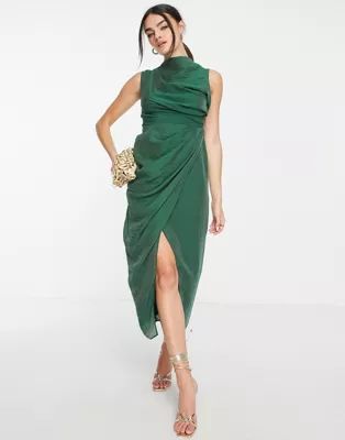 ASOS DESIGN drape midi dress with wrap skirt in textured fabric in green | ASOS | ASOS (Global)