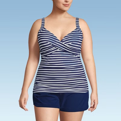 Lands' End Women's Plus Size V-Neck Wrap Underwire Tankini Swimsuit Top - 16W - Deep Sea/White Me... | Target