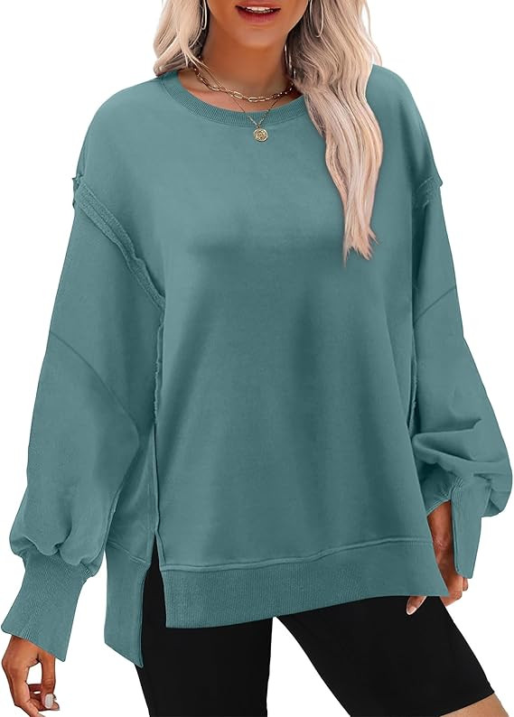 XIEERDUO Womens Oversized Sweatshirt Crewneck Sweatshirts Long Sleeve Tops Casual Side Split | Amazon (US)