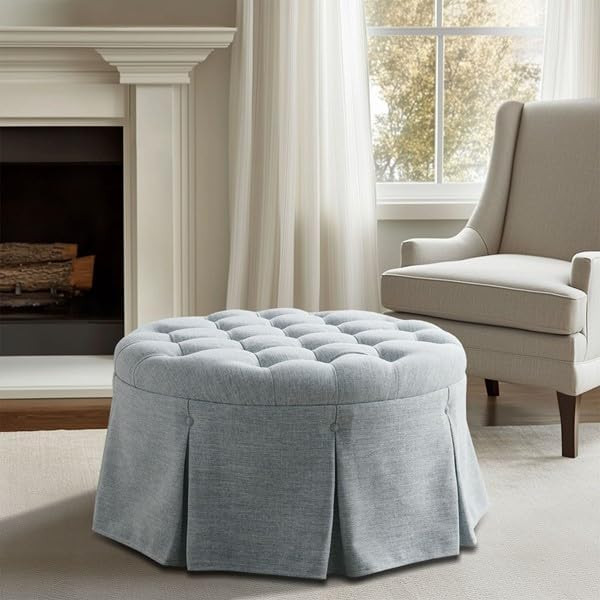 Martha Stewart Cocktail Ottoman for Living Room Fully Upholstered, Button Tufted Round Ottoman Fo... | Amazon (US)