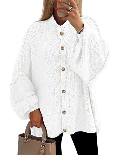 PRETTYGARDEN Women's Winter Button Down Cardigan Sweaters Mock Neck Lantern Long Sleeve Chunky Knit Jacket Trendy Outerwear (White,Small) | Amazon (US)