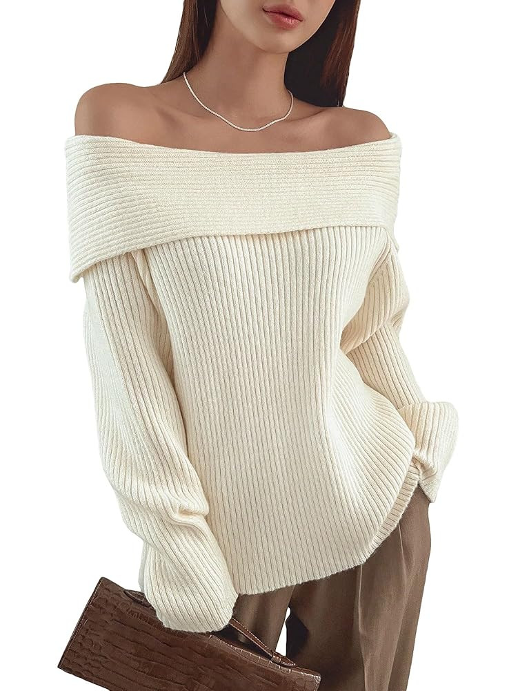 Verdusa Women's Long Sleeve Loose Off Shoulder Sweater Knit Pullovers Jumper Tops | Amazon (US)
